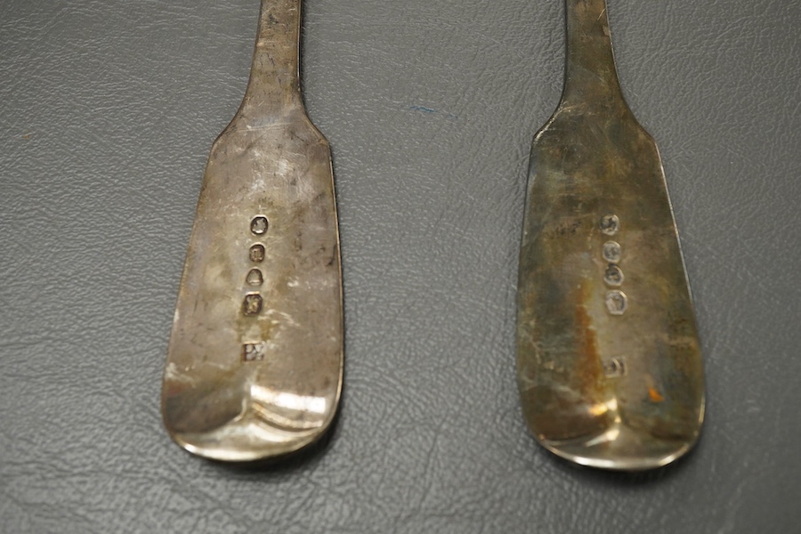 A pair of Victorian silver fiddle pattern basting spoons by Joseph & Albert Savory, London, 1846, with engraved initials, 30cm, 10oz.